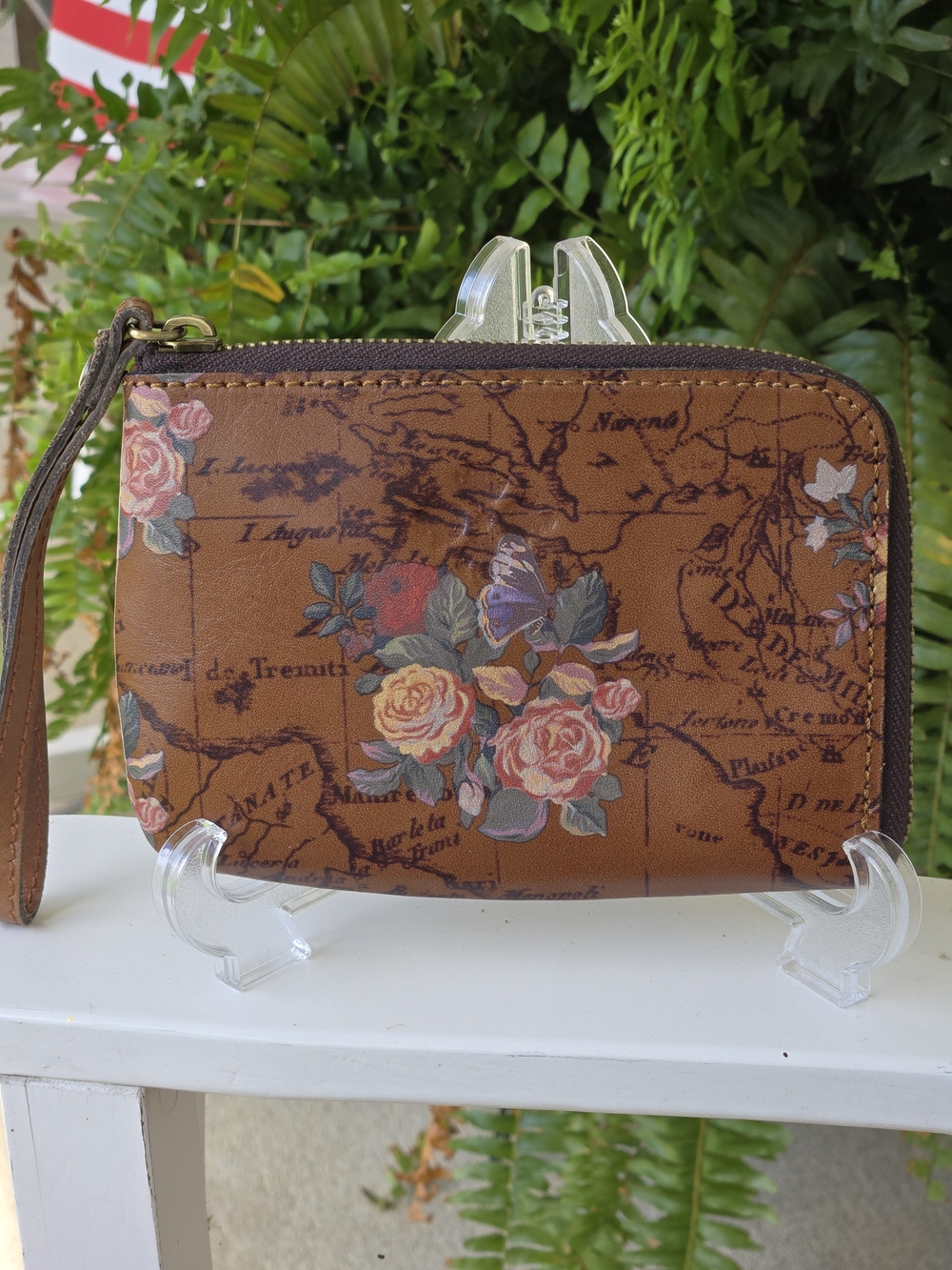 Patricia Nash Brown English Garden Floral Map Zip Wristlet